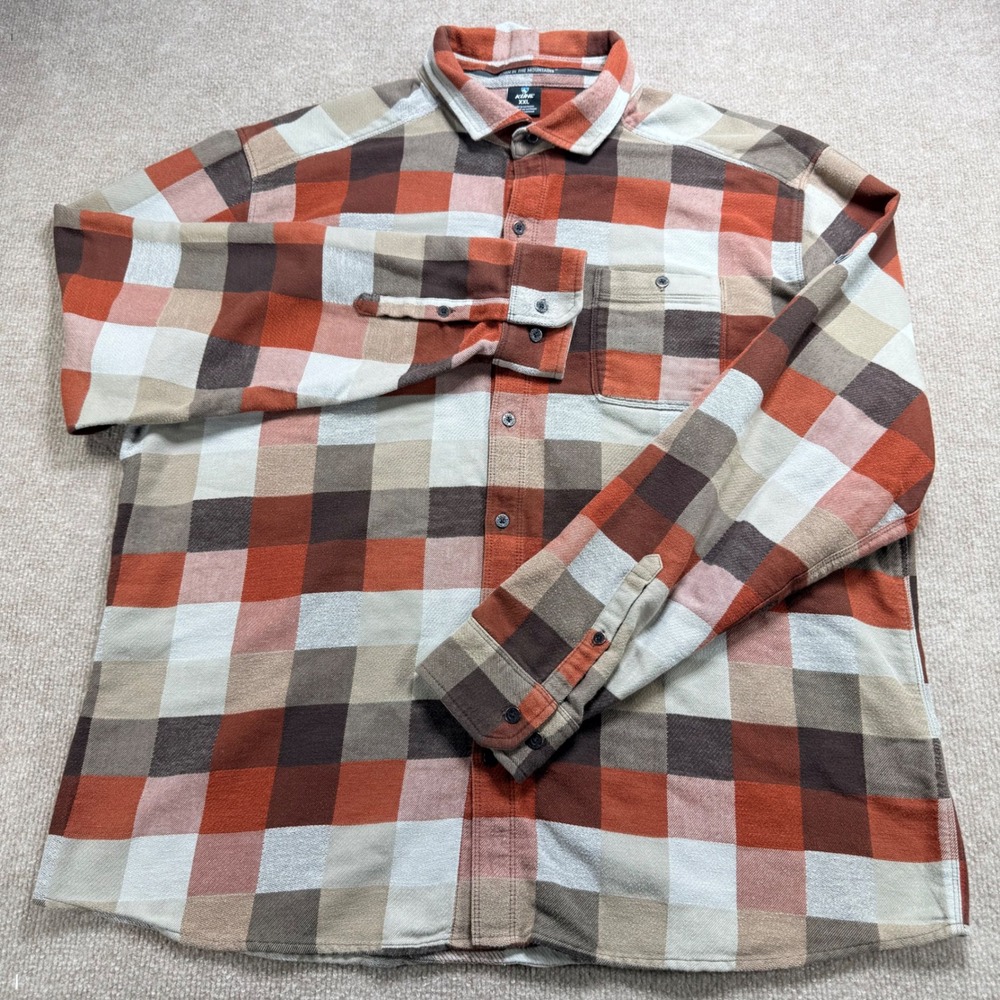Kuhl Mens XXL Plaid Flannel Button Down Shirt Orange Brown Born In Mountains